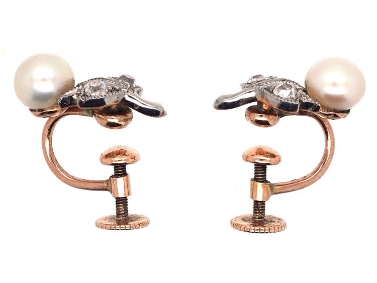 Edwardian Natural Pearl & Diamond Screw on Earrings