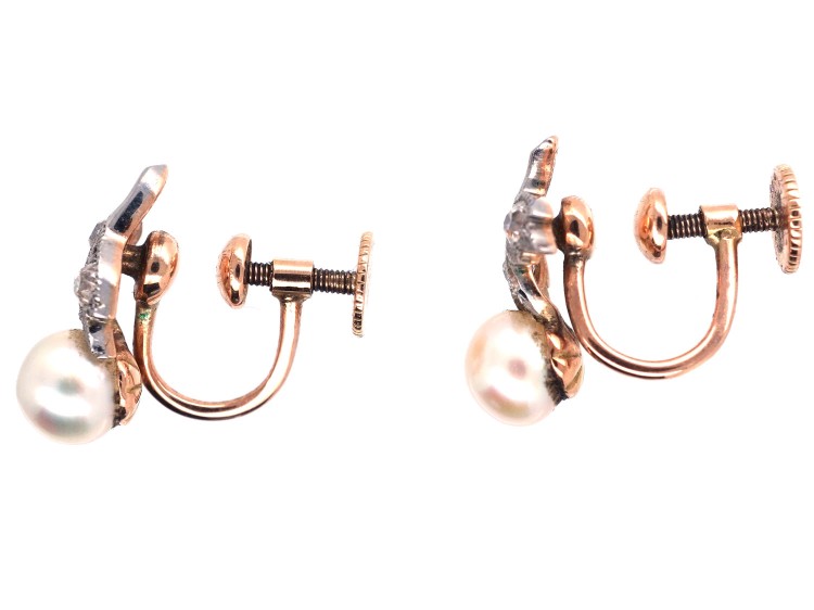 Edwardian Natural Pearl & Diamond Screw on Earrings