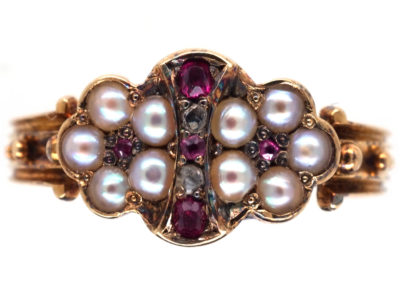 Regency 15ct Gold, Ruby, Rose Diamond & Natural Split Pearl Ring