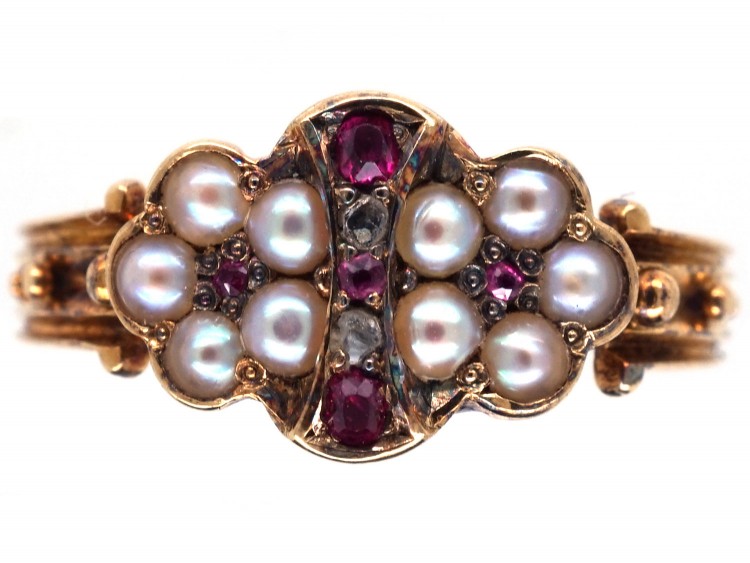 Regency 15ct Gold, Ruby, Rose Diamond & Natural Split Pearl Ring