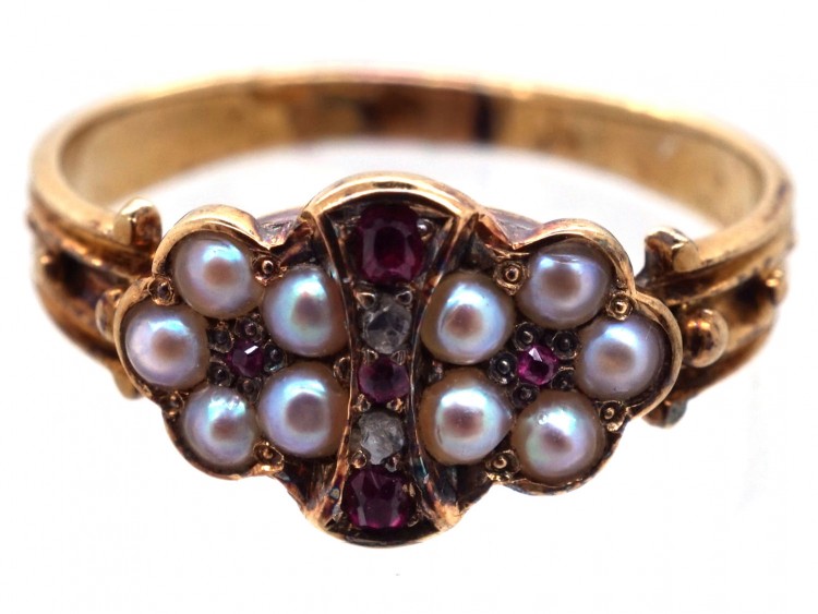 Regency 15ct Gold, Ruby, Rose Diamond & Natural Split Pearl Ring