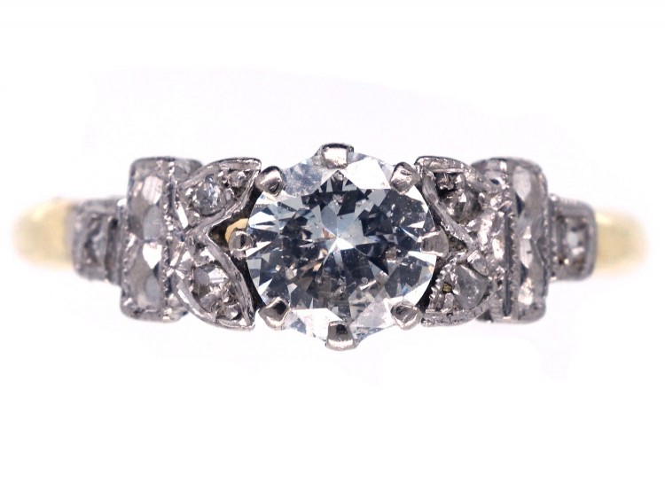 Art Deco Diamond Solitaire Ring with Leaf Shoulders