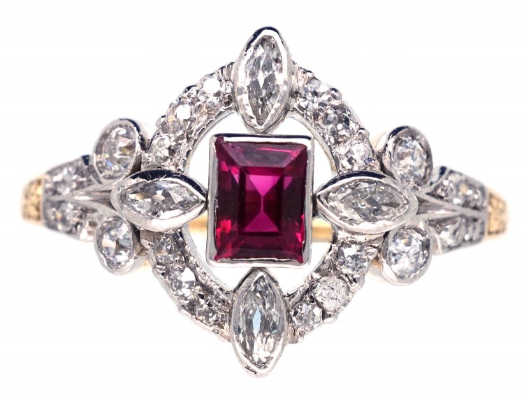 Edwardian Rectangular Ruby & Diamond Ring