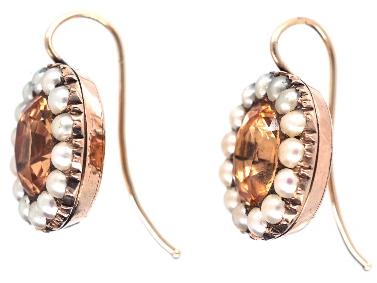 Georgian Precious Topaz & Natural Split Pearl Oval Earrings