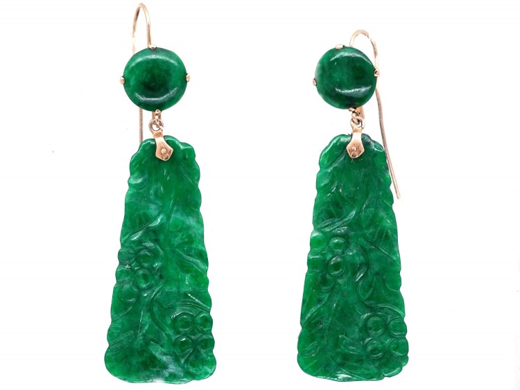 Art Deco Carved Jade Drop Earrings