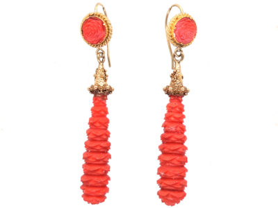 Georgian 18ct Gold & Carved Coral Drop Earrings