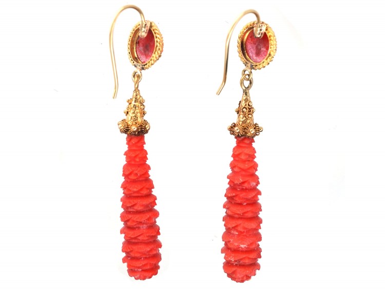 Georgian 18ct Gold & Carved Coral Drop Earrings