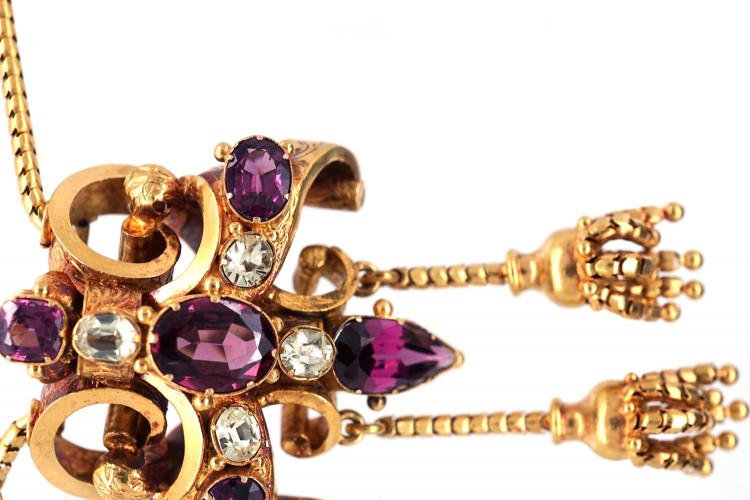 Victorian 18ct Gold, Garnet & Chrysolite Pendant with Two Drops on Snake Chain