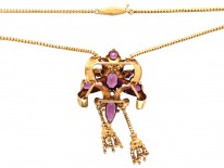 Victorian 18ct Gold, Garnet & Chrysolite Pendant with Two Drops on Snake Chain