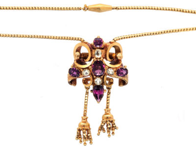 Victorian 18ct Gold, Garnet & Chrysolite Pendant with Two Drops on Snake Chain