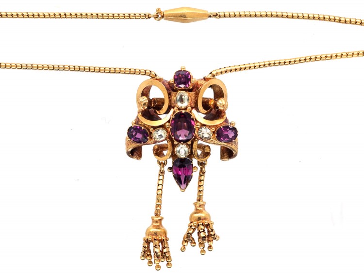 Victorian 18ct Gold, Garnet & Chrysolite Pendant with Two Drops on Snake Chain