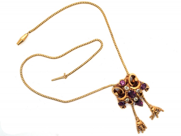 Victorian 18ct Gold, Garnet & Chrysolite Pendant with Two Drops on Snake Chain