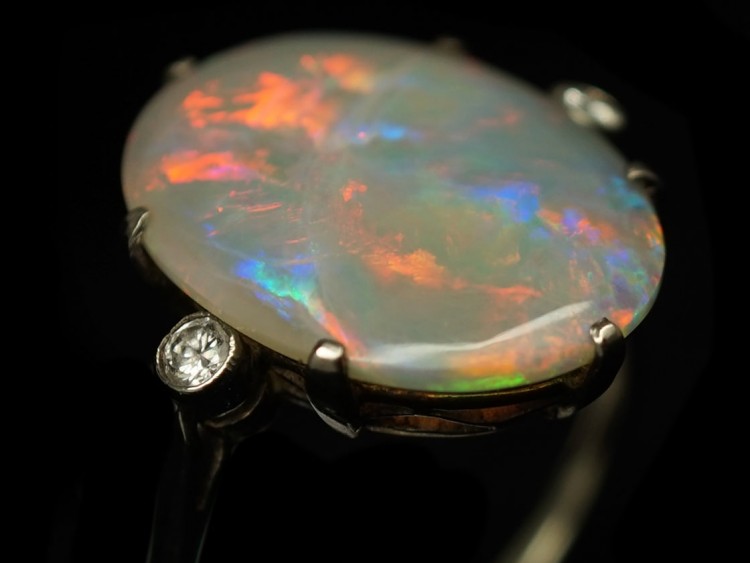 Art Deco 18ct White Gold Harlequin Opal & Diamond Ring