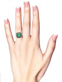 Large Platinum, Square Cut Emerald & Diamond Ring