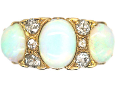 Victorian 18ct Gold, Three Stone Opal & Diamond Ring