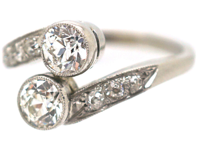 Art Deco 14ct White Gold Two Stone Diamond Crossover Ring