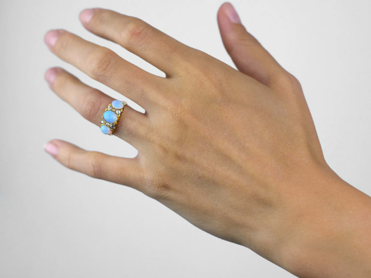 Victorian 18ct Gold, Three Stone Opal & Diamond Ring