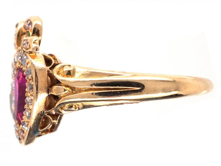 Victorian 18ct Gold Diamond & Ruby Double Heart Ring