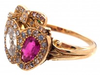 Victorian 18ct Gold Diamond & Ruby Double Heart Ring
