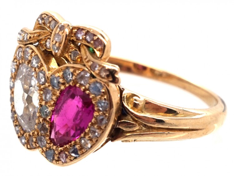 Victorian 18ct Gold Diamond & Ruby Double Heart Ring