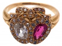 Victorian 18ct Gold Diamond & Ruby Double Heart Ring