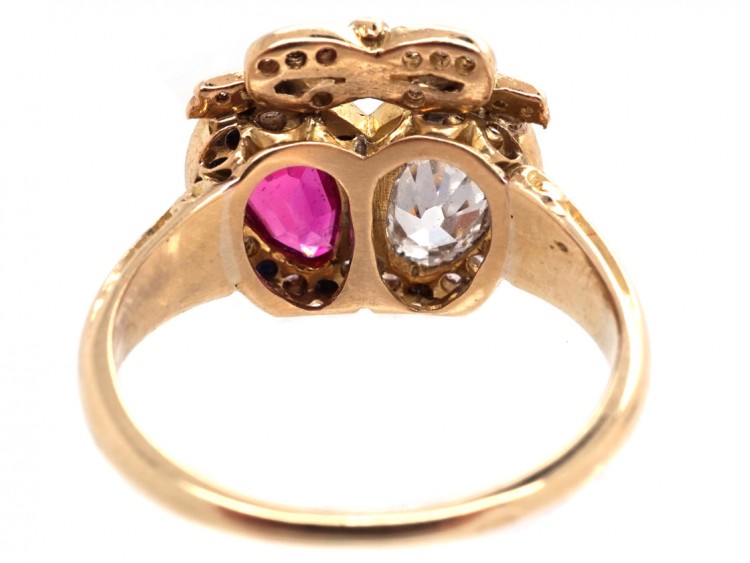 Victorian 18ct Gold Diamond & Ruby Double Heart Ring