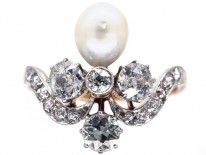 Art Nouveau 18ct Gold, Diamond & Natural Pearl Ring