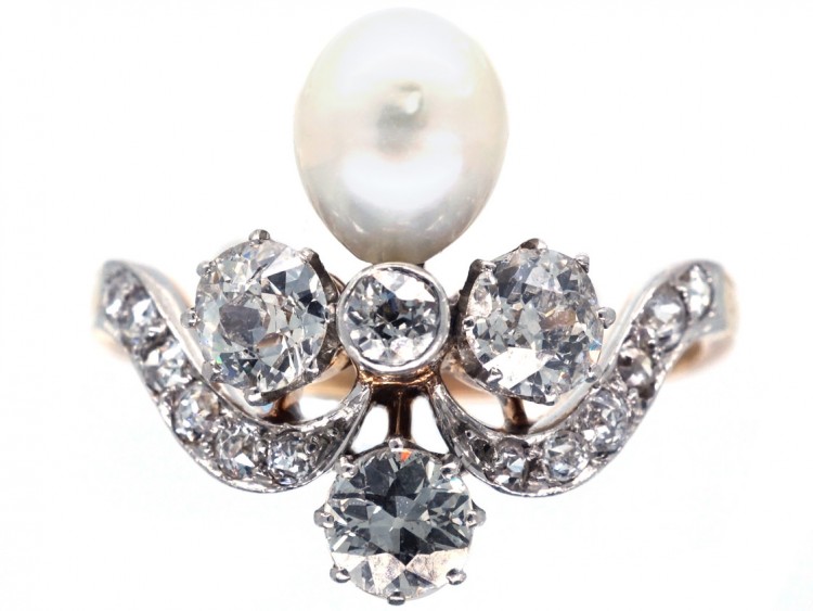 Art Nouveau 18ct Gold, Diamond & Natural Pearl Ring