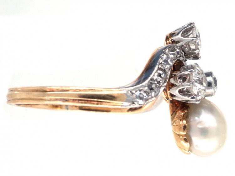 Art Nouveau 18ct Gold, Diamond & Natural Pearl Ring