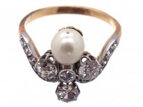 Art Nouveau 18ct Gold, Diamond & Natural Pearl Ring