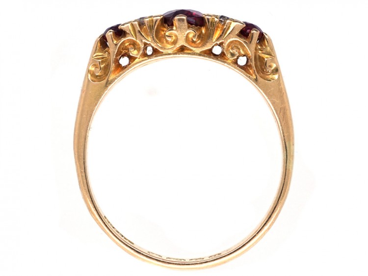 Victorian Three Stone Ruby & Diamond Carved Half Hoop Ring