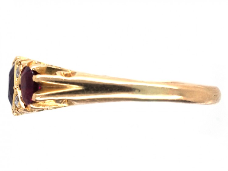 Victorian Three Stone Ruby & Diamond Carved Half Hoop Ring