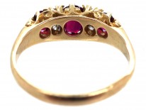 Victorian Three Stone Ruby & Diamond Carved Half Hoop Ring
