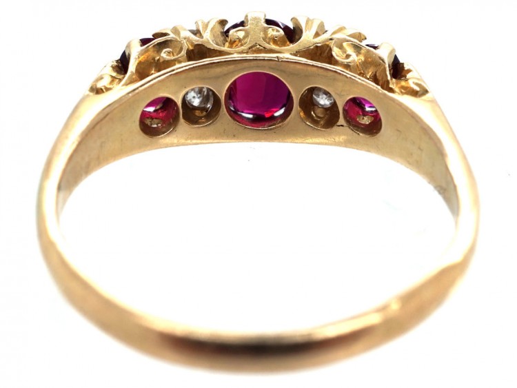 Victorian Three Stone Ruby & Diamond Carved Half Hoop Ring