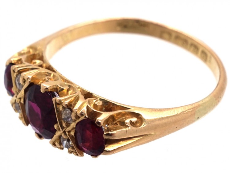 Victorian Three Stone Ruby & Diamond Carved Half Hoop Ring