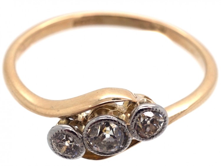Edwardian 18ct Gold Three Stone Diamond Crossover Ring
