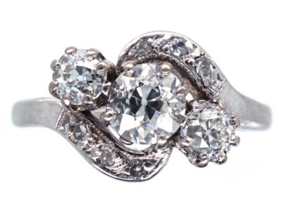 Edwardian Platinum & Three Stone Diamond Crossover Ring
