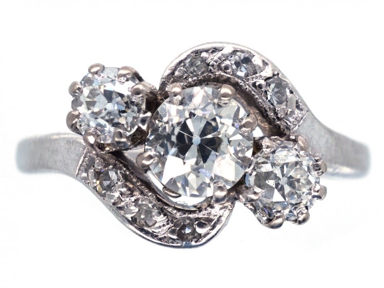 Edwardian Platinum & Three Stone Diamond Crossover Ring