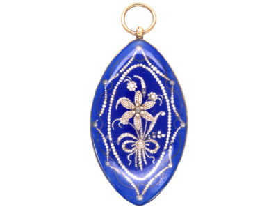 Georgian Blue Glass & Seed Pearl Navette Shaped Pendant in Original Case