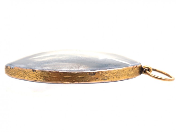 Georgian Blue Glass & Seed Pearl Navette Shaped Pendant in Original Case