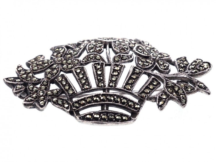 Art Deco Silver ​& Marcasite Flowers in Basket Brooch
