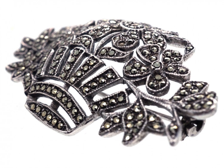 Art Deco Silver ​& Marcasite Flowers in Basket Brooch