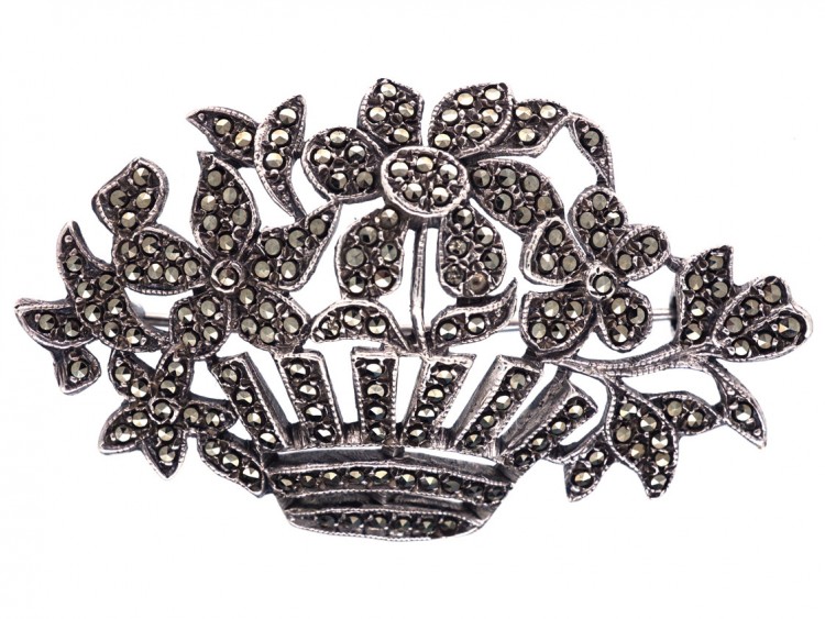 Art Deco Silver ​& Marcasite Flowers in Basket Brooch