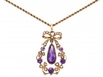 9ct Gold Amethyst & Natural Split Pearl Pendant on a 9ct Prince of Wales Twist Chain