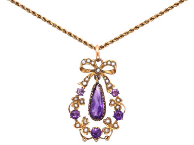 9ct Gold Amethyst & Natural Split Pearl Pendant on a 9ct Prince of Wales Twist Chain