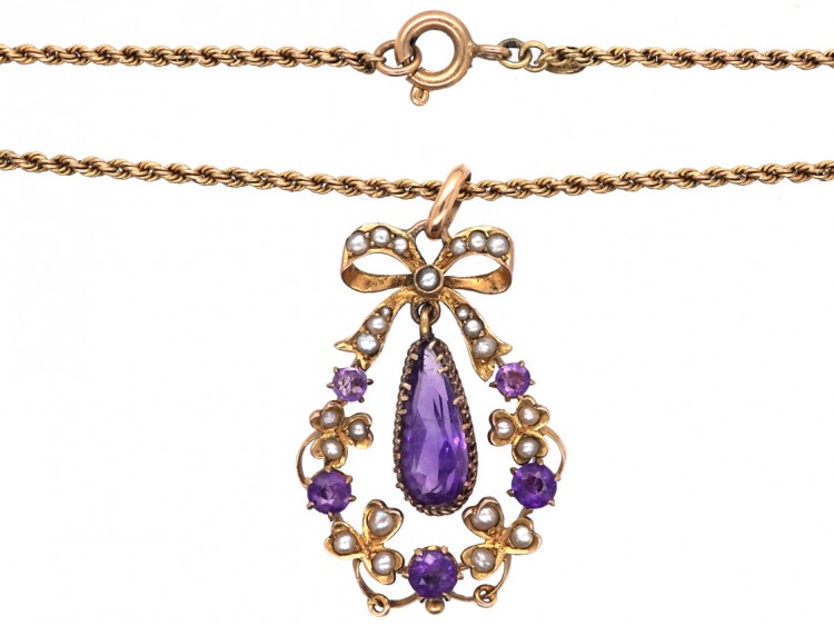 9ct Gold Amethyst & Natural Split Pearl Pendant on a 9ct Prince of Wales Twist Chain