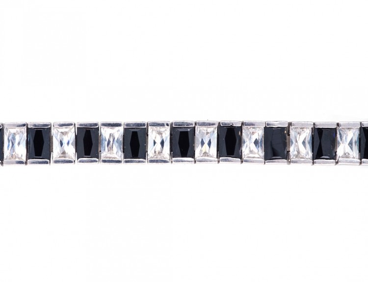 Art Deco Silver Black & White Faceted Paste Bracelet