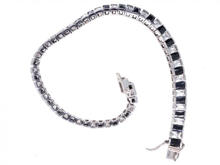 Art Deco Silver Black & White Faceted Paste Bracelet