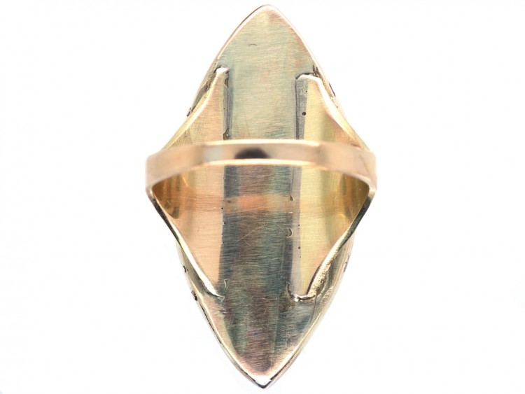 Georgian 15ct Gold, Large Navette Shaped Ring with Blue Enamel & Rose Diamond Rose Motif