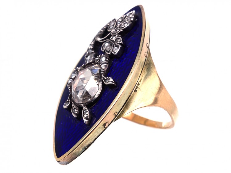 Georgian 15ct Gold, Large Navette Shaped Ring with Blue Enamel & Rose Diamond Rose Motif